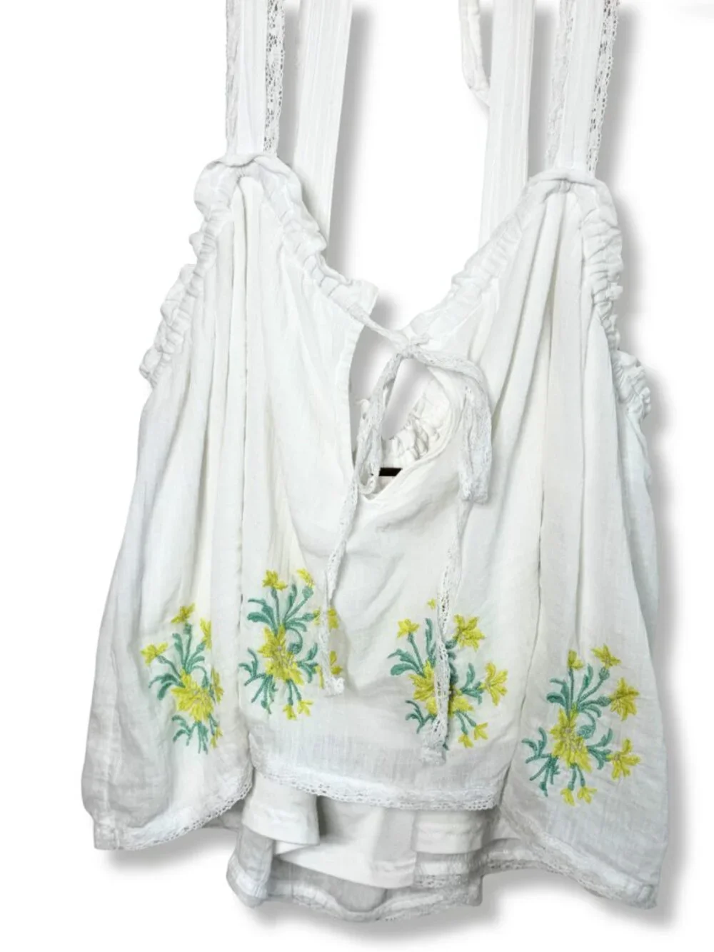 Free People White Embroidered Floral Boho Tank Ruffle Tie Neck Sleeveless Top S